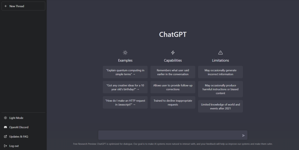 ChatGPT main menu