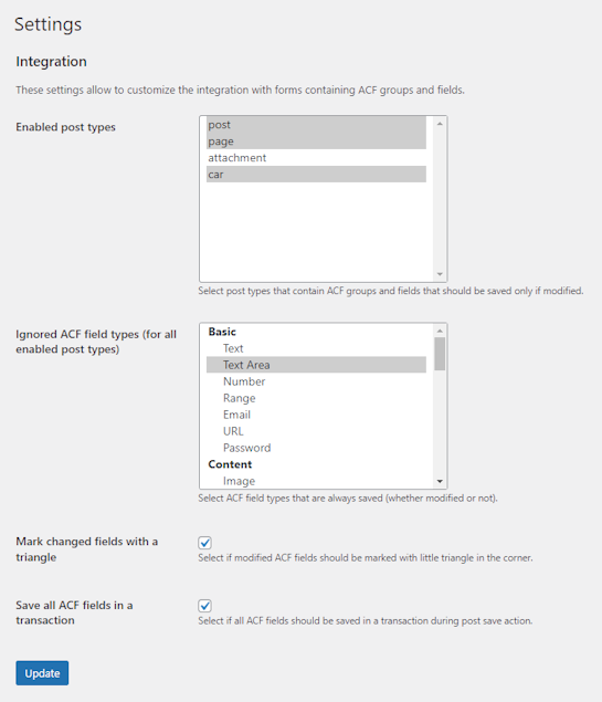 WLC ACF Post Save Helper settings